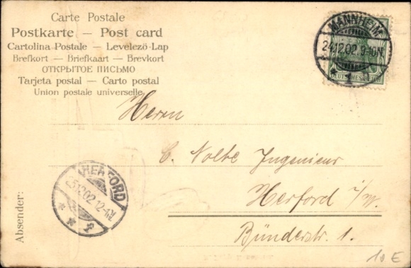 Embossed Passepartout Postcard Mannheim in Baden, water tower, fountain, inkwell, quill