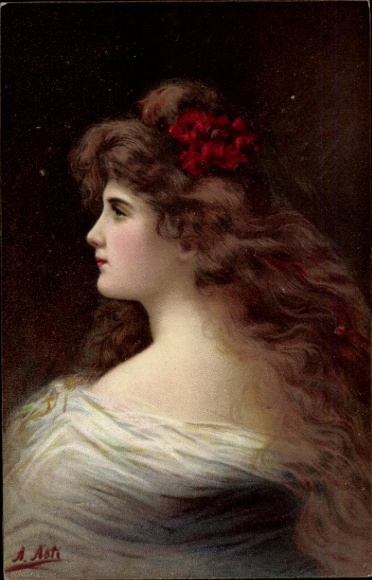 Artist Postcard Asti, Angelo, portrait of a young woman with long brunette hair