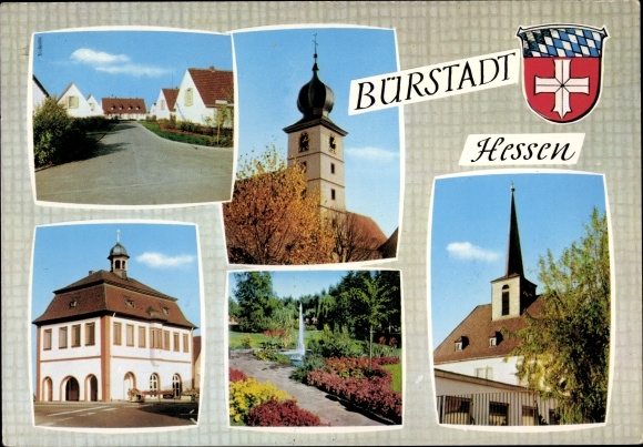 Coat of arms Postcard Bürstadt in Hessen, building, church, park