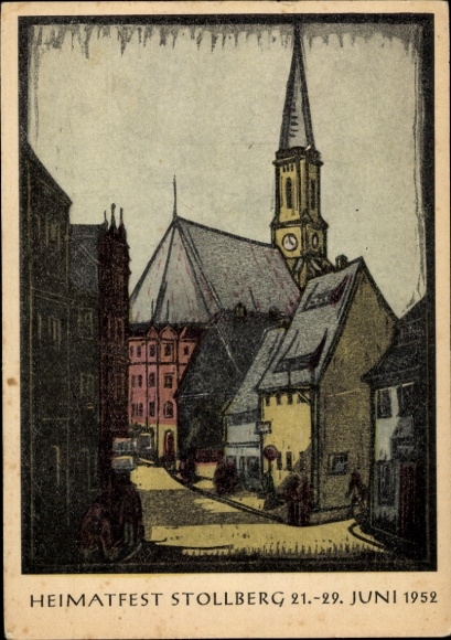 Ak Stollberg im Erzgebirge, Heimatfest  Kirche,  Gebäude, bunte Holzschnittdarstellung