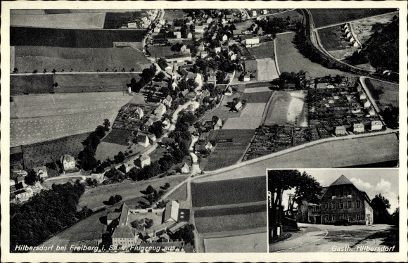 Ak Bobritzsch Hilbersdorf im Erzgebirge, Blick auf den Ort, Fliegeraufnahme, Gasthof