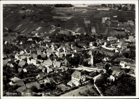 Postcard Efringen Kirchen am Oberrhein, aerial view, many houses, church, rural surroundings