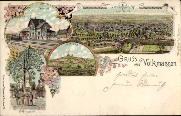 Litho Volkmarsen in Hessen, Bahnhof, Kriegerdenkmal, Kugels-Burg, Totalansicht