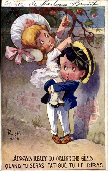Artist Postcard Right, Always ready to oblige the girls, Boy helps girl to pick cherries
