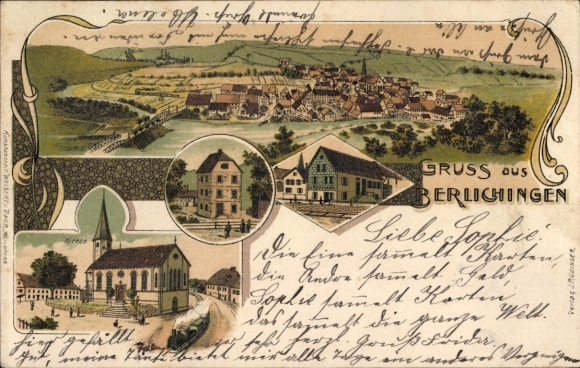 Litho Berlichingen Schöntal in Württemberg, Gesamtansicht, Kirche