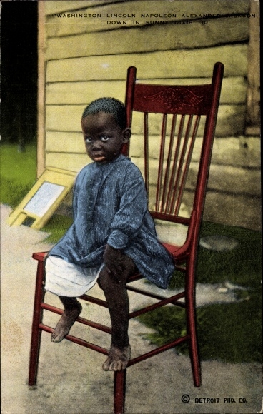Ak USA, Washington Lincoln Napoleon Alexander Jackson, Kind in een stoel, zuidelijke staten