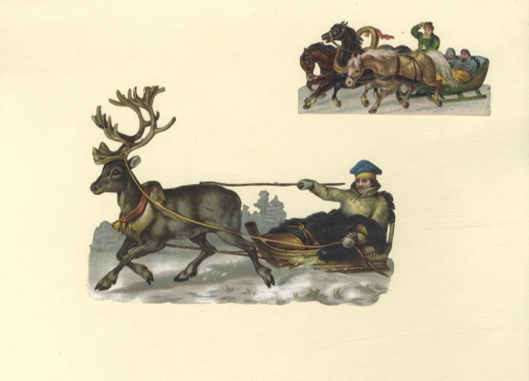 2 wafers horse and reindeer sleigh in a winter landscape, approx. 5 x 9.5 cm and 11 x 16 cm
