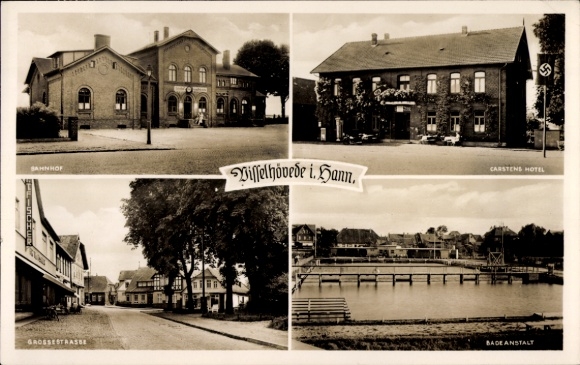 Postcard Visselhövede in Lower Saxony, train station, Carstens Hotel, swimming pool, Große Straße