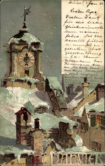 Artist PC Guggenberger, Thomas, month of January, town hall clock, snowy landscape