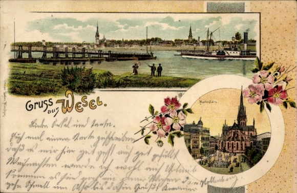 Litho Wesel am Niederrhein, Gesamtansicht, Marktplatz