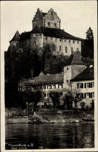 Postcard Meersburg on Lake Constance, castle, water, trees,