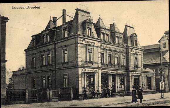 Ak Dresden Leuben, goederen- en kledingwinkel Ferdinand Heinze, Bahnhofstraße 19, Stephensonstr. 16