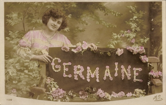 Letters Postcard First Name Germaine, Woman Portrait, Flowers