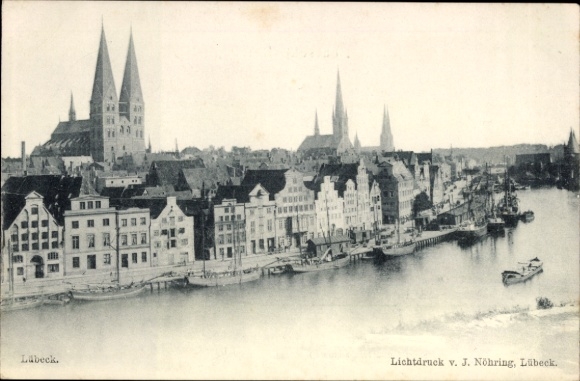PC Hanseatic City of Lübeck, collotype, city view, river, ships, towers