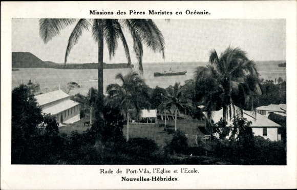 Postcard Port Vila Vanuatu New Hebrides Pacific, port, church, school, Marist Fathers missions