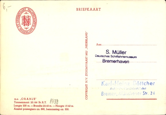 Artist Postcard steamer MS Oranje of the De Nederlands