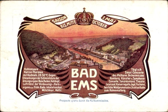 Ak Bad Ems an der Lahn, Ortspanorama, Krone