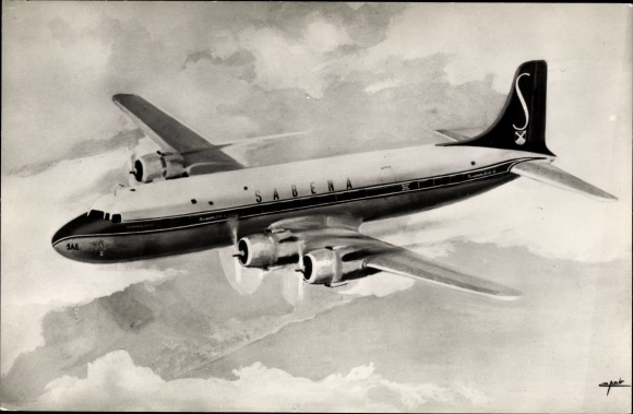 Postcard passenger plane Super DC 6, Sabena