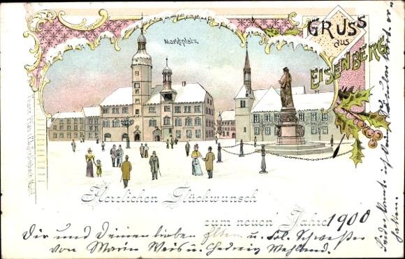 Winter Chromo-Litho Eisenberg in Thuringia, Market Square, Monument, Happy New Year