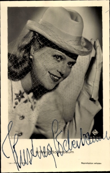 KP aktorka Kristina Söderbaum, portret, kapelusz z welonem, Ufa Film, autograf
