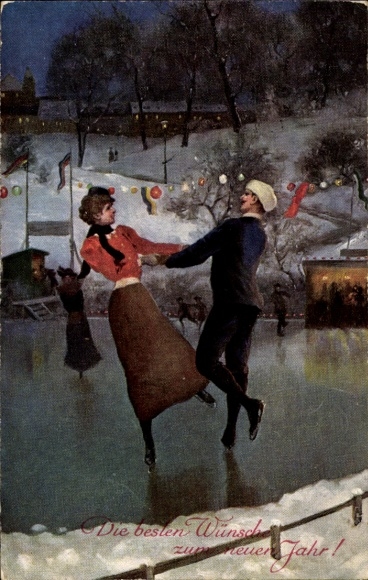 Ak Gelukkig Nieuwjaar, koppel schaatsen