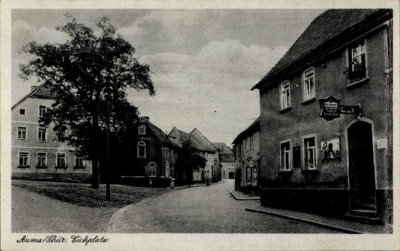Ak Auma Weidatal Thüringen, Partie am Eichplatz, Restaurant Grambinus