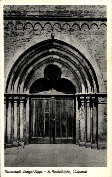 Ak Lemgo in Lippe, Südportal der St. Nicolaikirche, detailreiche Steinarchitektur