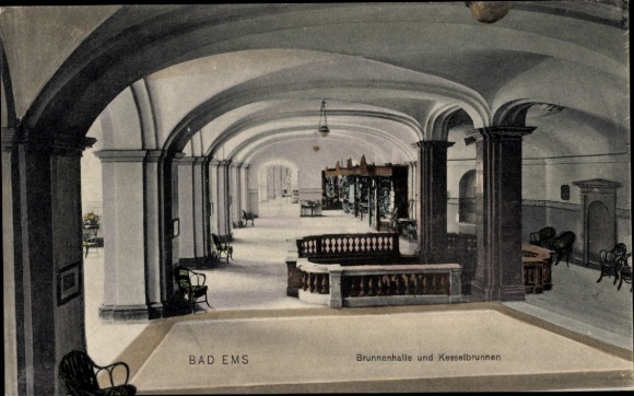 Ak Bad Ems an der Lahn, Brunnenhalle und Kesselbrunnen