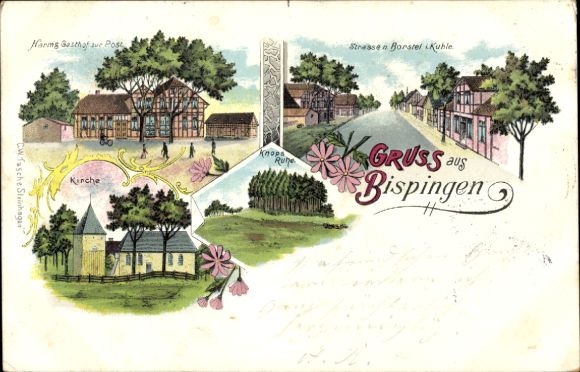 Chromo-Litho Bispingen in the Lüneburg Heath, Gasthof zur Post, Church