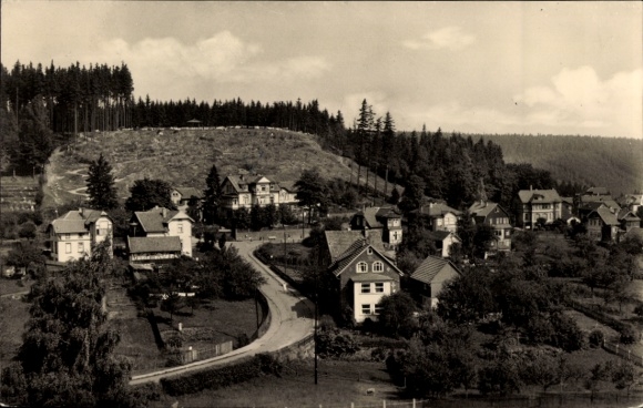 Postcard Finsterbergen Friedrichroda in the Thuringian Forest, landscape with sun house, forest, road, villas