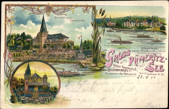 Chromo-Litho Berlin Köpenick Rahnsdorf Hessenwinkel, society house, Dämeritz lake, villa colony