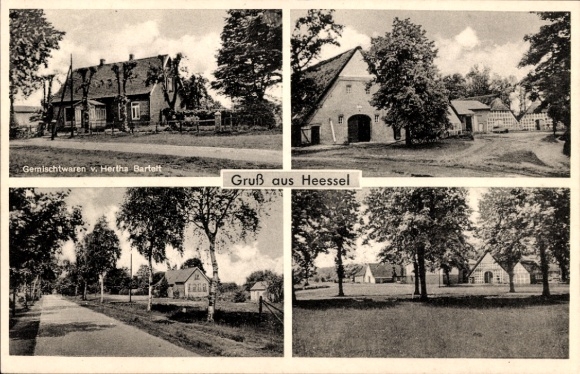 Ansichtkaart Heessel Hemmoor in Nedersaksen, gedeeltelijke weergaven, winkel Hertha Bartelt