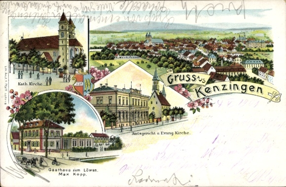 Litho Kenzingen im Breisgau Baden, Totale, Amtsgericht, Kirche, Rathaus