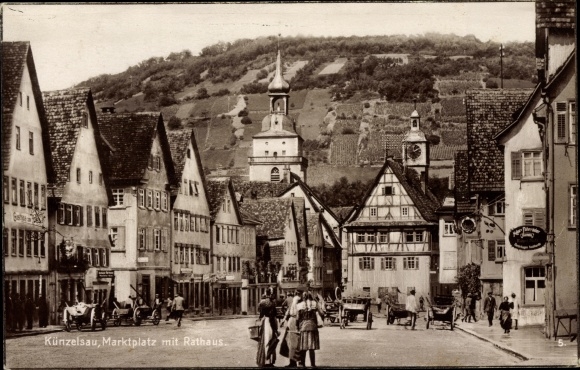 Postcard Künzelsau in the Hohenlohe district, market square with town hall