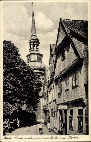 Postcard Stade in Lower Saxony, Hinterm Hagedorn with St. Cosmae Church