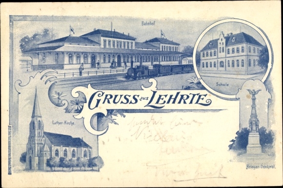 Chromo-Litho Lehrte in Lower Saxony, train station, steam locomotive, school, Luther Church, war memorial