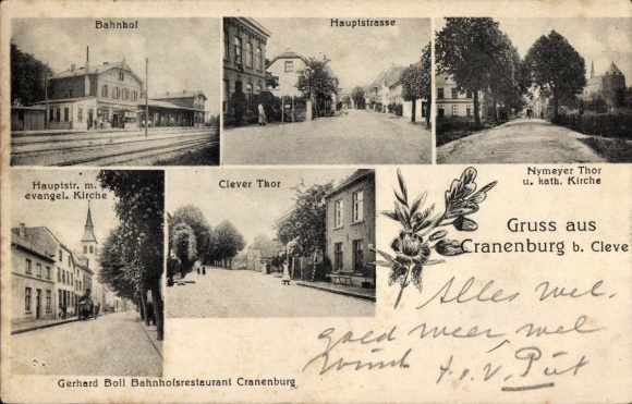 Postcard Cranenburg Kranenburg on the Lower Rhine, train station, main street, Protestant church, Clever Thor,