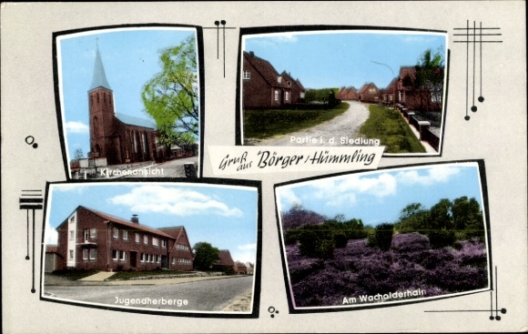 Postcard Börger in Emsland, settlement, church, youth hostel, juniper grove