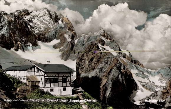 Postcard Grainau in Upper Bavaria, miners' houses in the Höllental, Zugspitze