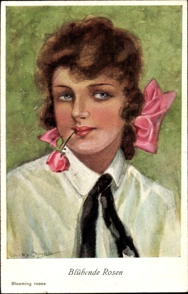 Artist Postcard Spark, Chicky, Blooming Roses, Blooming Roses, Woman with Rose