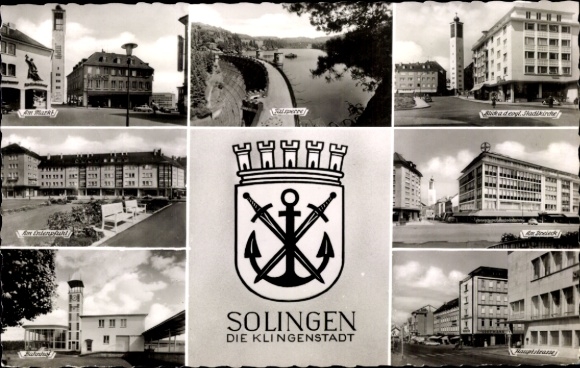 Postcard Solingen in North Rhine Westphalia, coat of arms, Klingenstadt, main street, dam, train station
