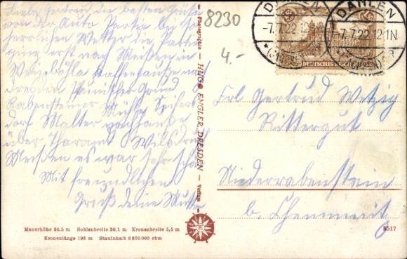 Postcard Malter Dippoldiswalde in the Eastern Ore Mountains, inn at the Malter dam, boat