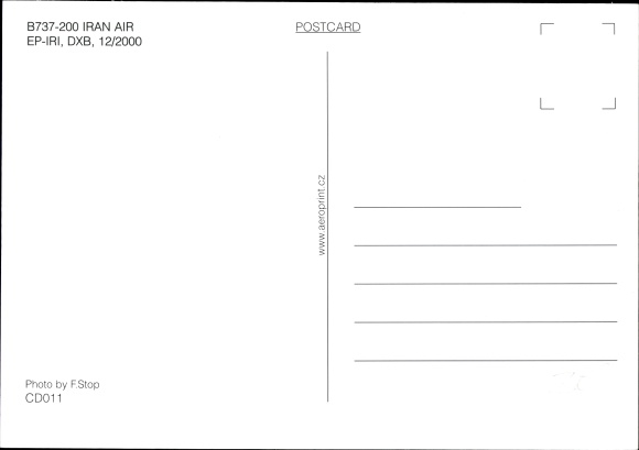 Postcard Iranian passenger plane, Iran Air, B737-200
