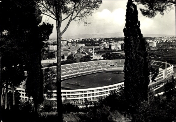 Ak Roma Rom Lazio, Olympiastadion, Panoramaansicht, Bäume im Vordergrund