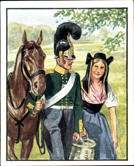 Sammelbild Volk ans Gewehr, Deutsche Uniformen 132, Weimarer Dragoner Division 1822, Frau in Tracht