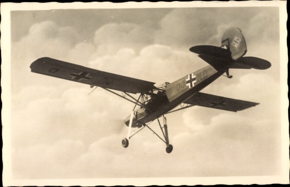 Postcard German Air Force, Fieseler Fi 156 Storch fighter plane taking off, D3ND