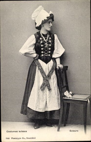 Postcard Solothurn City Switzerland, A young woman in Swiss costume
