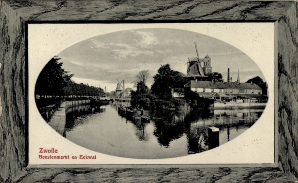 KP Zwolle Overijssel Holandia, widok miasta, Beestenmarkt, Eekwal, rzeka, wiatraki