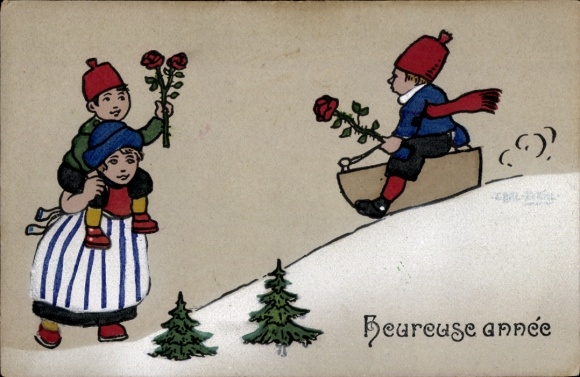 Postcard Happy New Year, sleigh, children