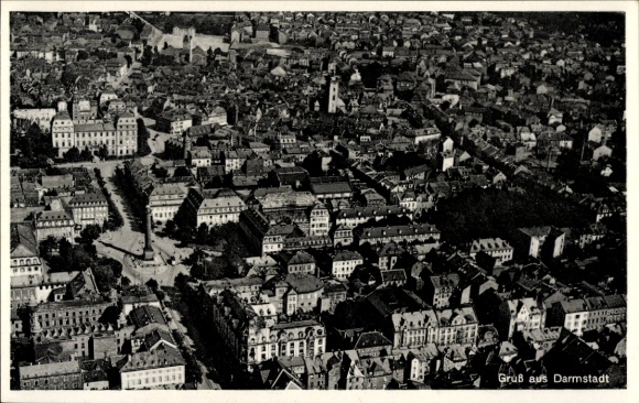 Postcard Darmstadt in Hesse, aerial view of many roofs and buildings, greetings from Darmstadt